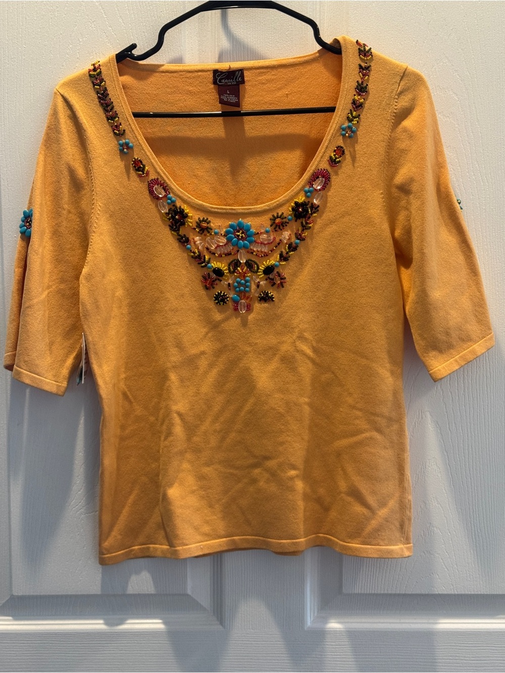 Camille La Vie Golden Yellow Embellished Scoop-Neck Short-Sleeve Tee